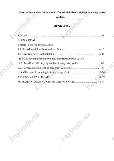 bozor va tavakkalchilik. tavakkalchilikni aniqlash va kamaytirish yo'llari — DOCX