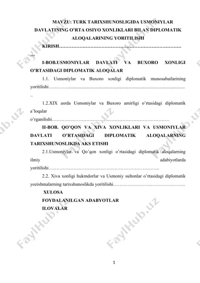 turk tarixshunosligida usmoniylar davlatining o’rta osiyo xonliklari bilan diplomatik aloqalarining yoritilishi — DOCX