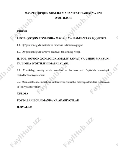 qo’qon xonligi madaniyat tarixi va uni o’qitilishi — DOCX