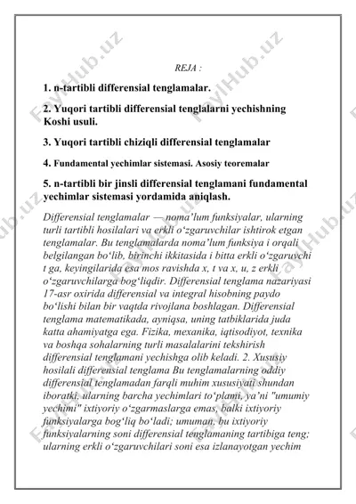 differensial tenglamalar va ularning yechimlari — DOCX