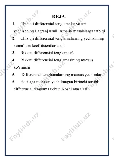 chiziqli differensial tenglamalar va uni yechishning lagranj usuli — DOCX