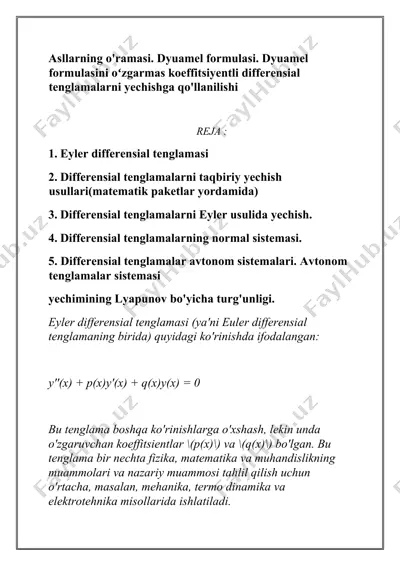 asllarning o'ramasi. dyuamel formulasi. dyuamel formulasini oʻzgarmas koeffitsiyentli differensial tenglamalarni yechishga qo'llanilishi — DOCX