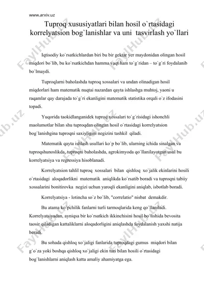 tuproq xususiyatlari bilan hosil o`rtasidagi korrelyatsion bog`lanishlar va uni tasvirlash yo`llari — DOC