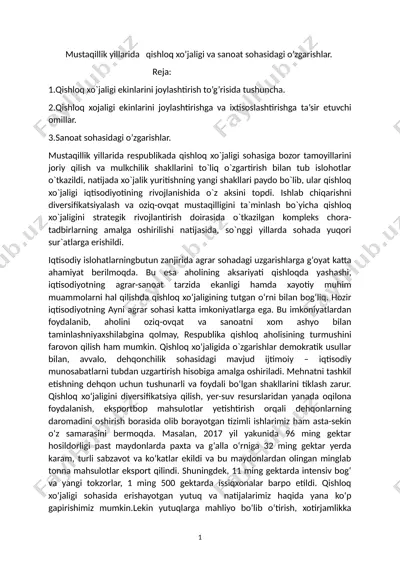 mustaqillik yillarida   qishloq xo’jaligi va sanoat sohasidagi o’zgarishlar. — DOCX