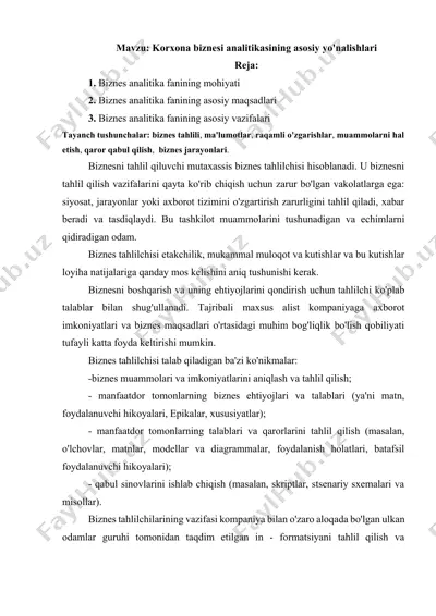 2-mavzu. biznes analitika fanining mohiyati, predmeti, asosiy maqsad va vazifalari.docx — DOCX