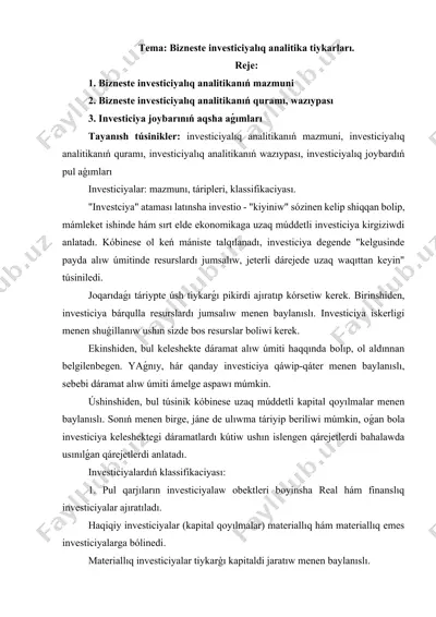 bizneste investiciyalıq analitika tiykarları — DOCX
