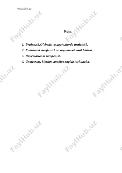 organizmlarning rivojlanishi. tiriklikni eng muxim xususiyati. (embrional va postembrional). i — DOC