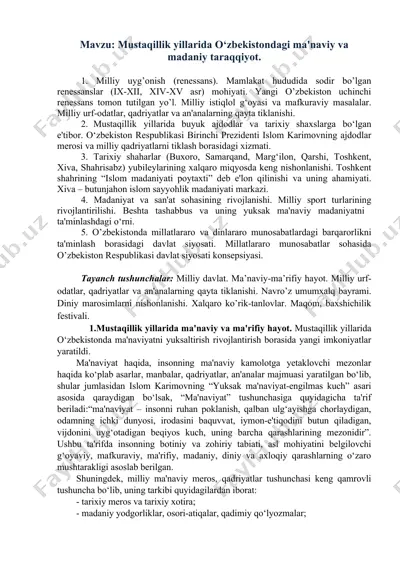 mustaqillik yillarida o‘zbekistondagi ma'naviy va madaniy taraqqiyot — DOC