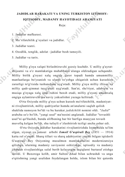 jadidlar harakati va uning turkiston ijtimoiy-iqtisodiy, madaniy hayotidagi ahamiyati — DOCX