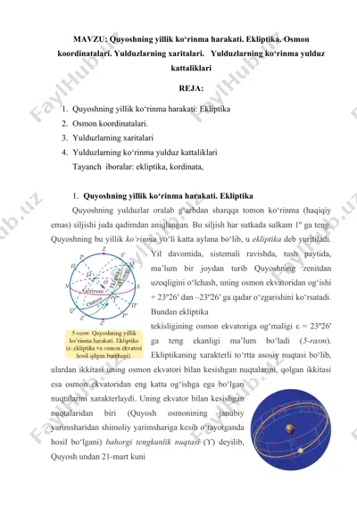 quyoshning yillik ko‘rinma harakati. ekliptika. osmon koordinatalari. yulduzlarning xaritalari.   yulduzlarning ko‘rinma yulduz kattaliklari — DOCX