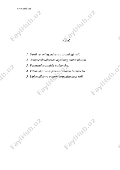 oqsillar, uglеvodlar, lipidlar, ularning xossalari va axamiyati hamda bеlgilarning nasldan-naslga htishining asosiy matеriali-dnk, rnk, gеnеtik kod. oqsil sintеzi. fotosintеz — DOC