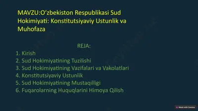 oʻzbekiston respublikasi sud hokimiyati: konstitutsiyaviy ustunlik va muhofaza — PPTX