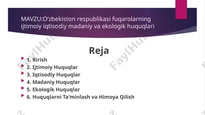 oʻzbekiston respublikasi fuqarolarning ijtimoiy iqtisodiy madaniy va ekologik huquqlari — PPTX