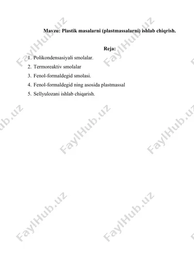 plastik masalarni (plastmassalarni) ishlab chiqarish — DOCX