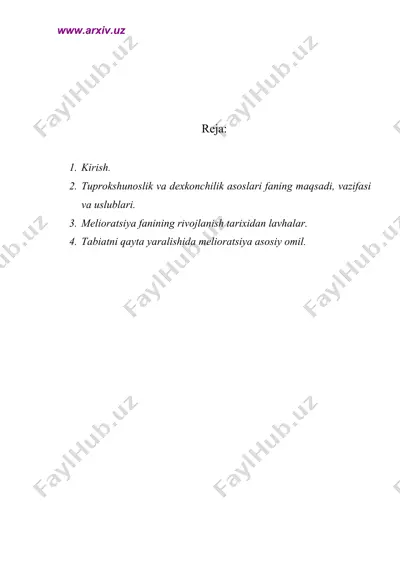 meliorativ tuproqshunoslik fani uning maqsadi, vazifalari, uslublari, tarixi. tuproq melioratsiyasining turlari — DOC