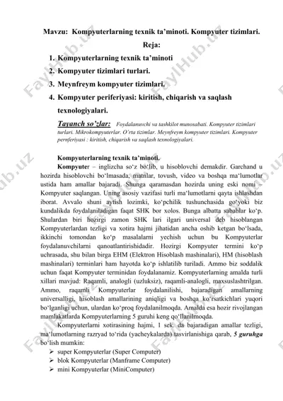 kompyuterlarning texnik ta’minoti. kompyuter tizimlari — DOCX