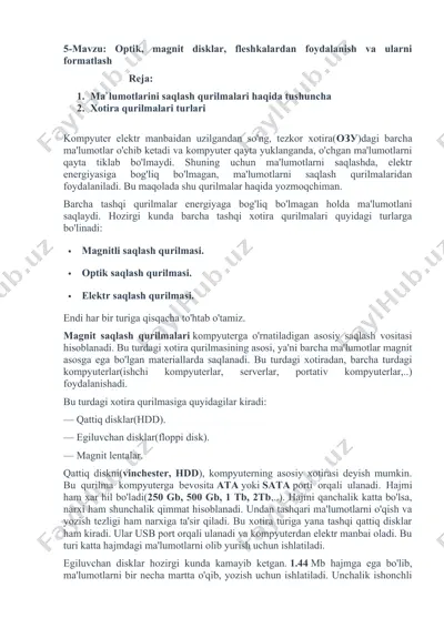 optik, magnit disklar, fleshkalardan foydalanish va ularni formatlash — DOCX