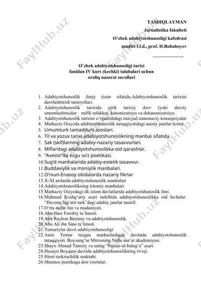 o’zbek adabiyotshunosligi tarixi fanidan iv kurs (kechki) talabalari uchun oraliq nazorat savollari — DOCX