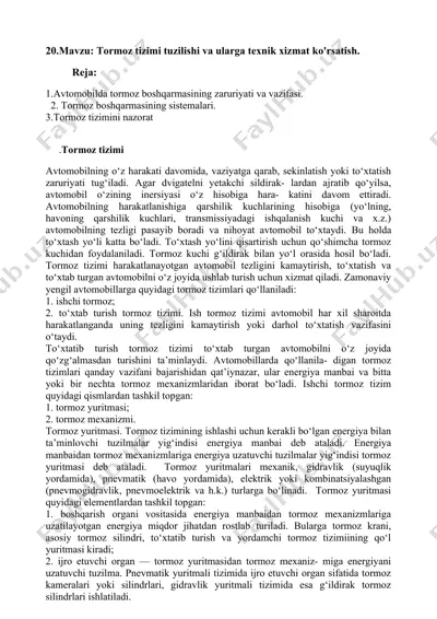 tormoz tizimi tuzilishi va ularga texnik xizmat ko'rsatish — DOCX