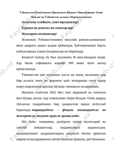 ўзбекистон республикаси президенти шавкат мирзиёевнинг олий мажлис ва ўзбекистон халқига мурожаатномаси — DOCX