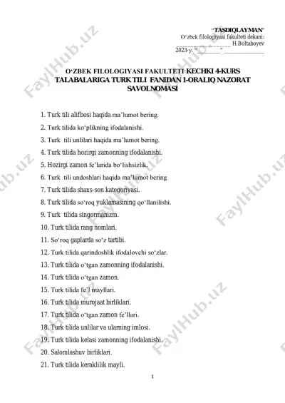 turk tili fanidan 1-oraliq nazorat savolnomasi — PDF