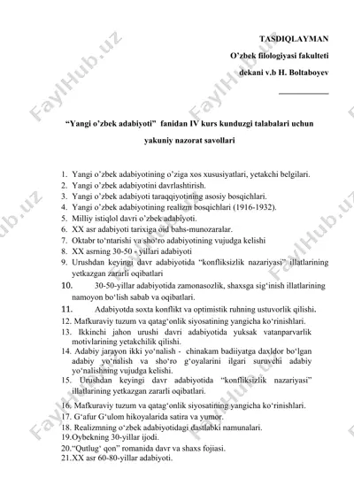 "yangi o’zbek adabiyoti" fanidan iv kurs kunduzgi talabalari uchun yakuniy nazorat savollari — DOCX