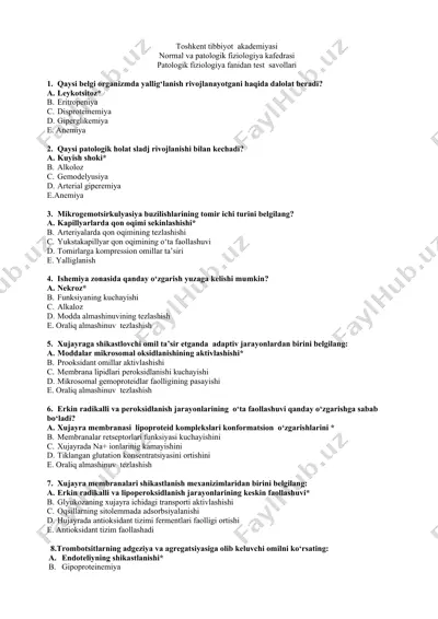 toshkent tibbiyot akademiyasi normal va patologik fiziologiya kafedrasi patologik fiziologiya fanidan test savollari — DOCX