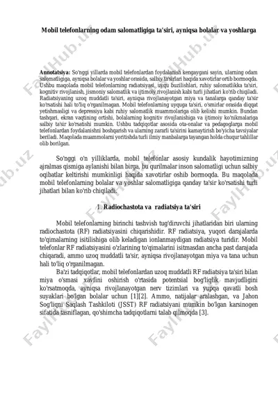 mobil telefonlarning odam salomatligiga ta'siri — PDF