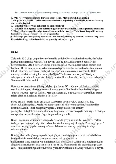 turkistonda mustabid sovеt hokimiyatining o`rnatilishi va unga qarshi qurolli harakat — DOCX