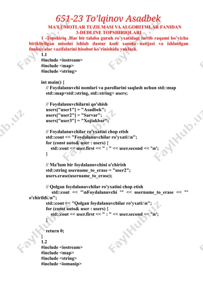 ma’lumotlar tuzilmasi va algoritmlar fanidan dedline topshiriqlari — DOCX