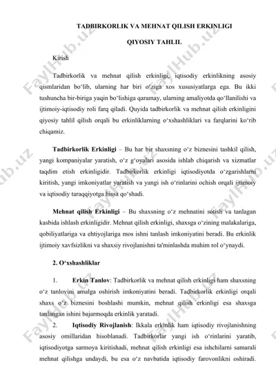 tadbirkorlik va mehnat qilish erkinligi qiyosiy tahlil — DOCX