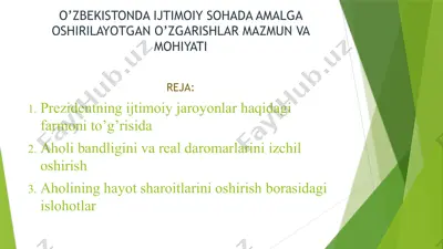 o’zbekistonda ijtimoiy sohada amalga oshirilayotgan o’zgarishlar mazmun va mohiyati — PPTX