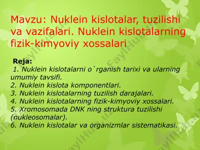 nuklein kislotalar, tuzilishi va vazifalari. nuklein kislotalarning fizik-kimyoviy xossalari — PPTX