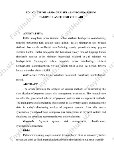 to‘lov tizimlaridagi risklarni boshqarishni takomillashtirish yo‘llari — DOCX
