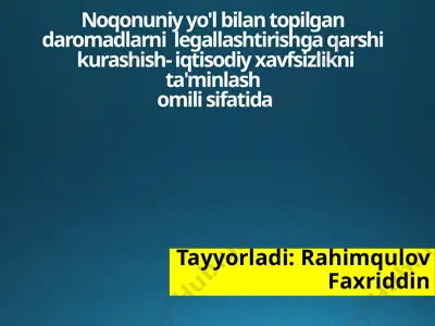 noqonuniy yo'l bilan topilgan daromadlarni  legallashtirishga qarshi kurashish- iqtisodiy xavfsizlikni ta'minlash omili sifatida — PPTX