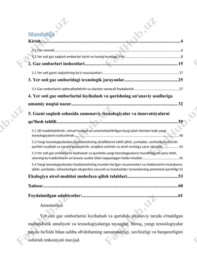 yer osti gaz omborlarini loyihalash va qurishda innovatsion texnologiyalar — DOCX