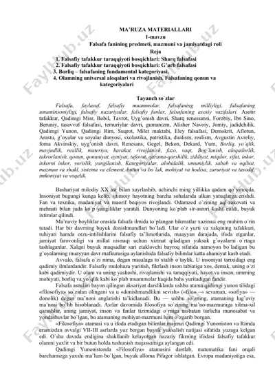 falsafa fanining predmeti, mazmuni va jamiyatdagi roli — DOCX