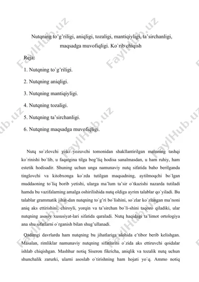 nutqning to'g'riligi, aniqligi, tozaligi, mantiqiyligi, ta’sirchanligi, maqsadga muvofiqligi — DOCX