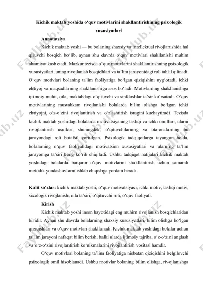 kichik maktab yoshida o‘quv motivlarini shakllantirishining psixologik xususiyatlari — DOCX