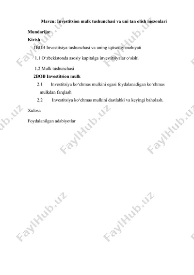 investitsion mulk tushunchasi va uni tan olish mezonlari — DOCX