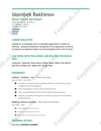 islombek rakhimov react native developer — DOCX