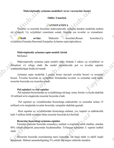 makroiqtisodiy aylanma modellari: tovar varesurslar bozori — DOCX