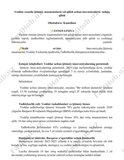 yoshlar orasida ijtimoiy muammolarni xal qilish uchun inovatsiyalarni tadqiq qilish — DOCX