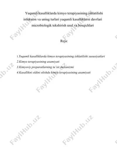 yuqumli kasalliklarda kimyo terapiyasining ishlatilishi infeksion va uniug turlari yuqumli kasalliklarni davrlari microbiologik tekshirish usul va bosqichlari — DOC