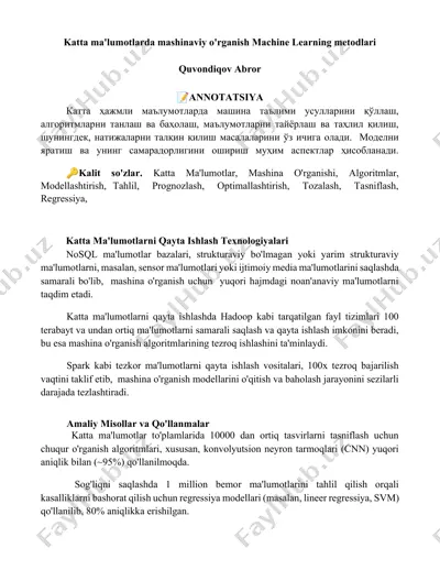 katta ma'lumotlarda mashinaviy o'rganish machine learning metodlari — DOCX