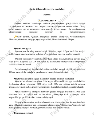 qayta tiklanuvchi energiya manbalari — DOCX