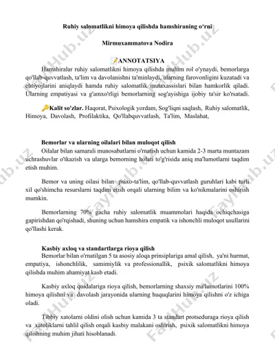 hamshiralar ruhiy salomatlikni himoya qilishda — DOCX