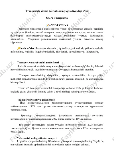 transportda xizmat ko‘rsatishning iqtisodiyotdagi o'rni — DOCX
