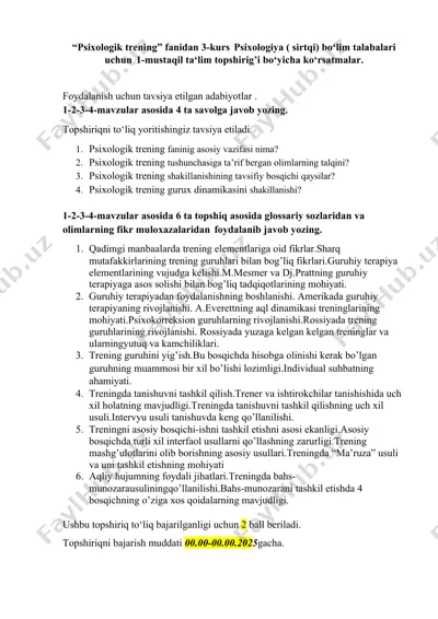 psixologik trening fanidan mustaqil ta’lim topshirig‘i — DOCX
