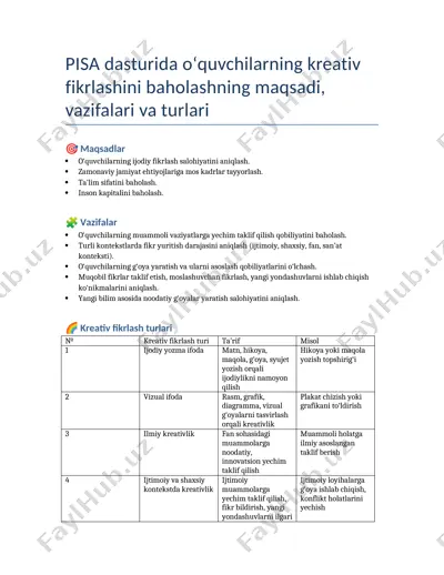 pisa dasturida oʻquvchilarning kreativ fikrlashini baholash maqsadi va vazifalari — DOCX